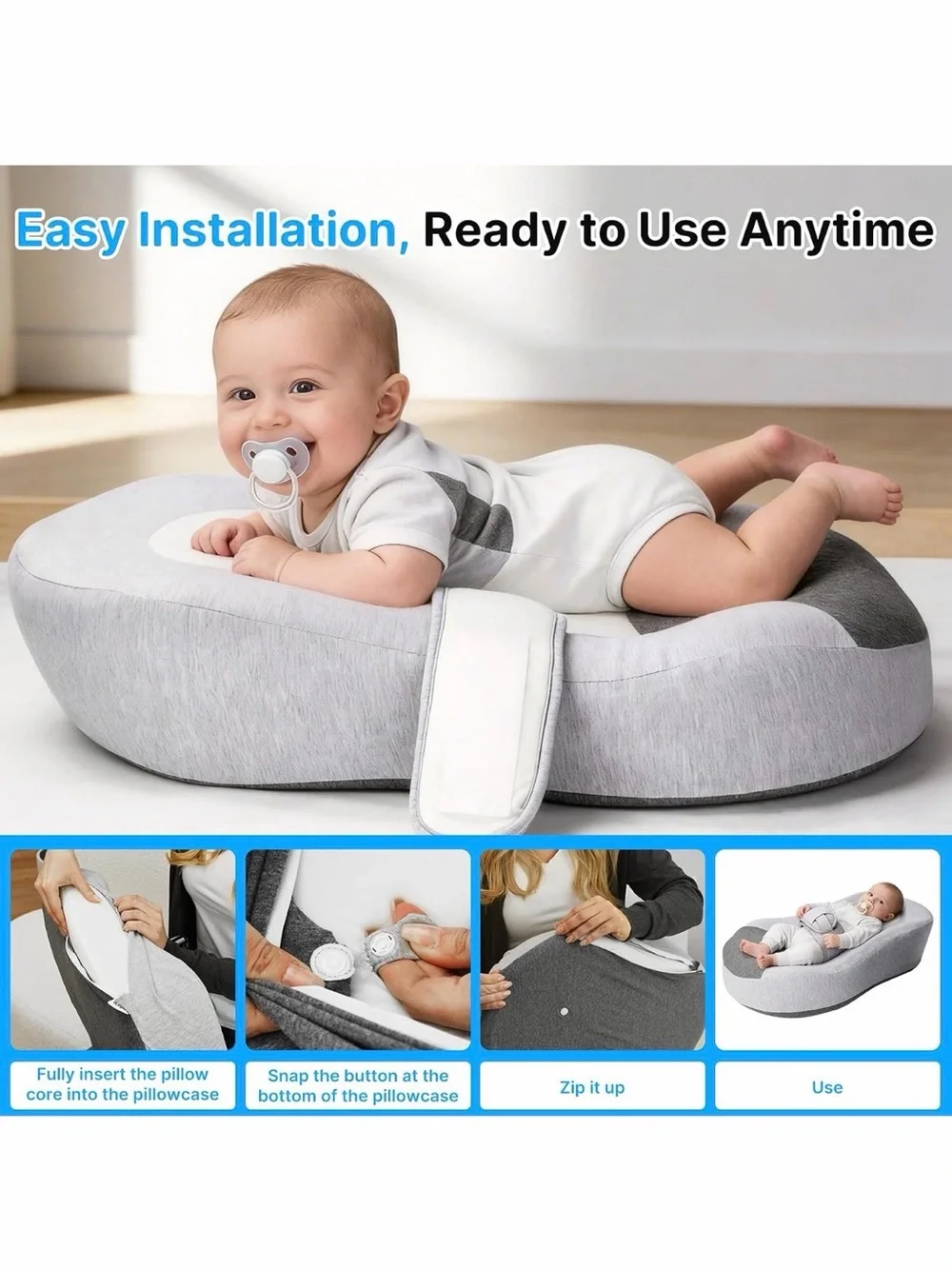 Baby👶🏻Nursing🤱🏻Pillow - Gray Infant👶🏻Lounger with Safety Strap